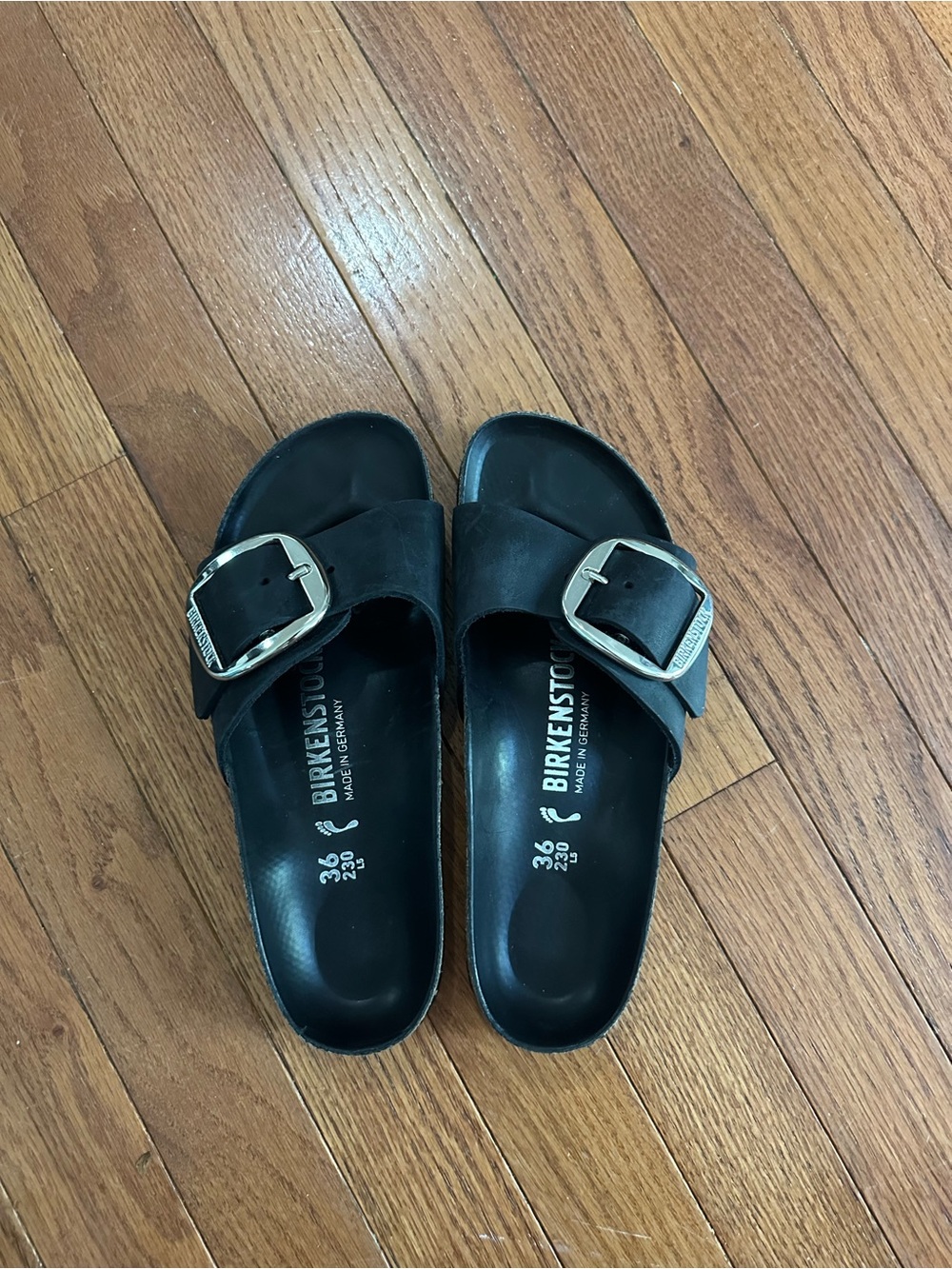 Black Birkenstock Madrid Big Buckle Sandals size 36, narrow width